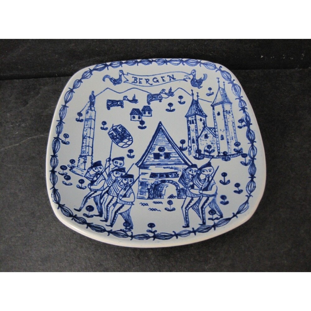 1970s Kari Nyquist Stavangerflint Plate Blue White Bergen Harbor Scandi Decor